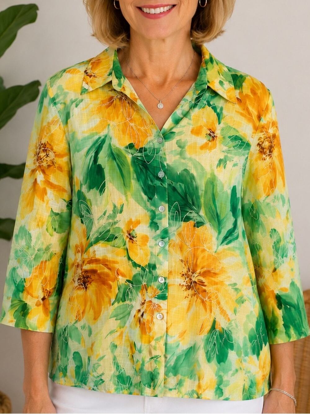 Alfred Dunner Floral Button Front Blouse Yellow Green 3/4 Sleeve Size L